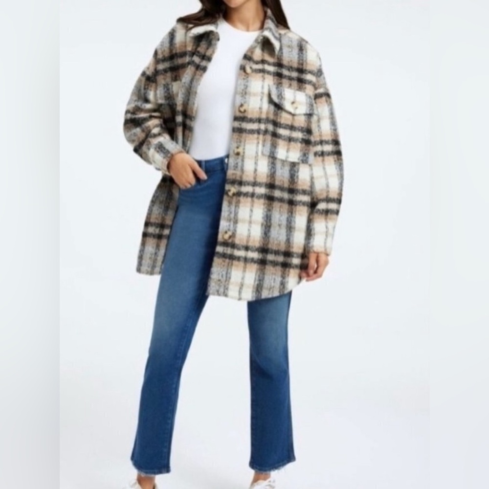 Good American Brown Neutral Plaid Button Down Shacket Jacket Size 5/6 (2X/3X)